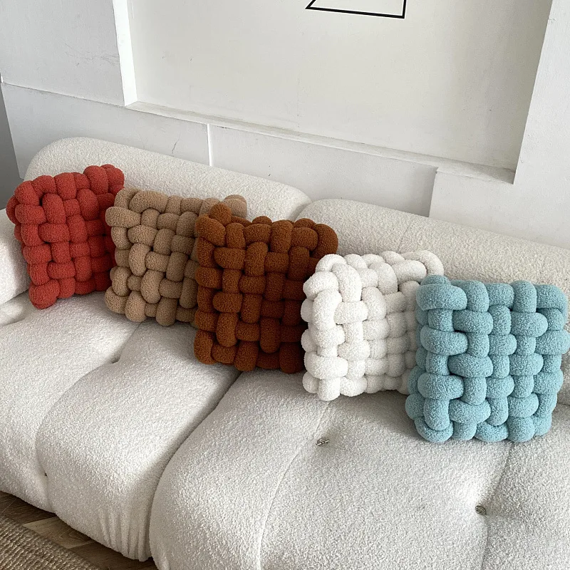 

Soft Plush Knot Wool Seat Cushion Home Wool Solid Color Sofa Bed Decoration Pillow Square Hand Woven Office Chair Fluffy Cushion