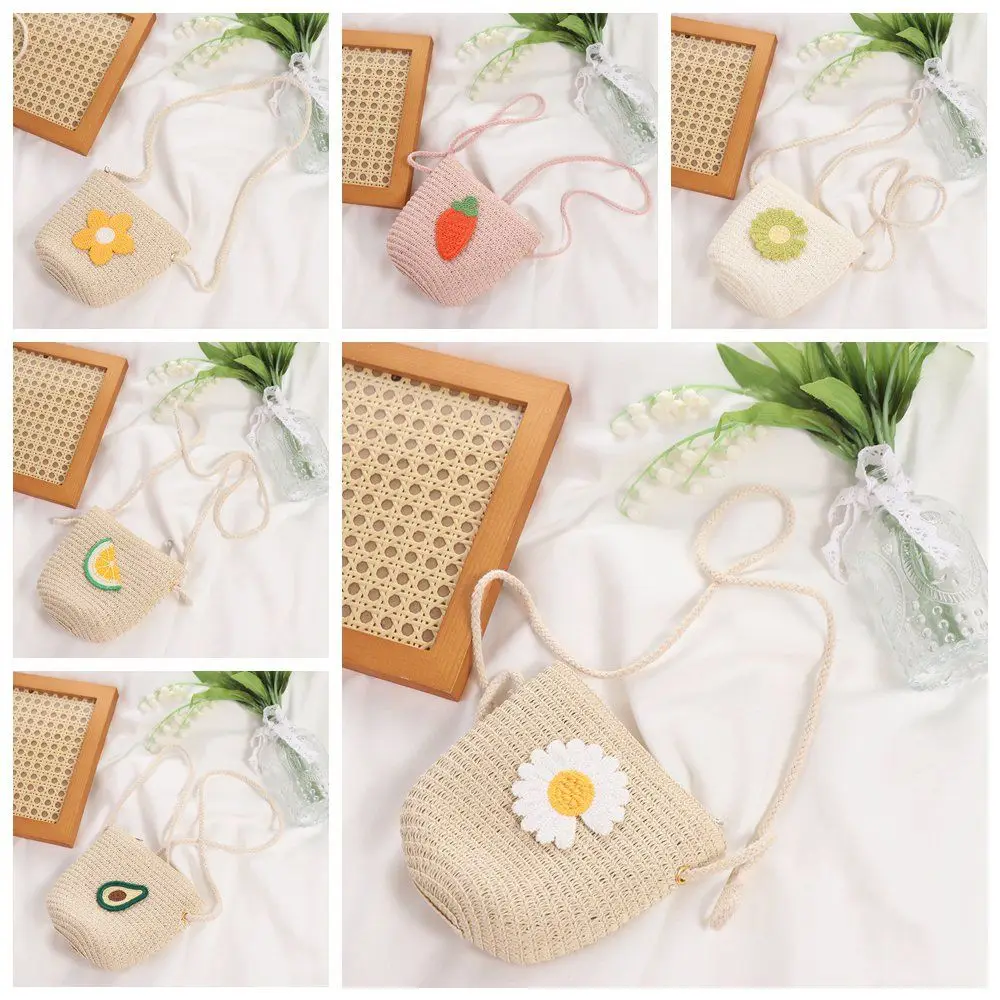 Sweet Cute Flower Strawberry Fruits Crossbody Coin Bag Straw Messenger Bags Korean Purse Wallets Women Shoulder Bags