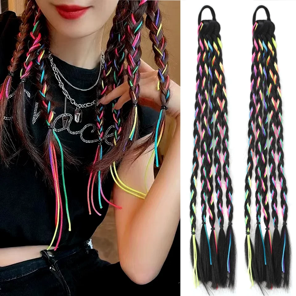 

1 Pcs Synthetic Colorful Hip Hop Braided Ponytail Extension - Braided Hair for Women, Perfect for Halloween & Christmas Parties