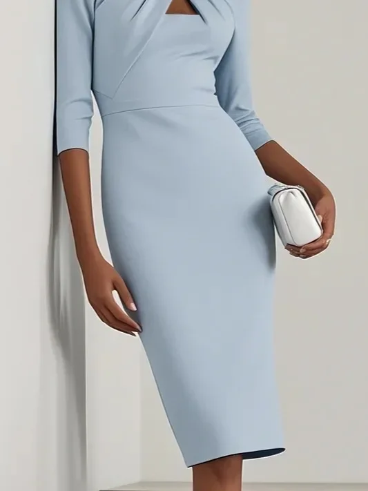 Damen-Bodycon-Midikleid mit U-Boot-Ausschnitt und Twist-Ausschnitt, Dreiviertelärmel, elegantes Bleistiftkleid für formelle Anlässe im Büro – Detail 12