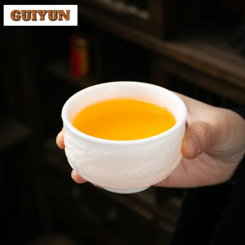 160ml High-endice Seed Sheep Fat Jade Teacup White Porcelain Master Cup Relief City of Cathay Tea Bowl Chazhan Kung Fu Teaware