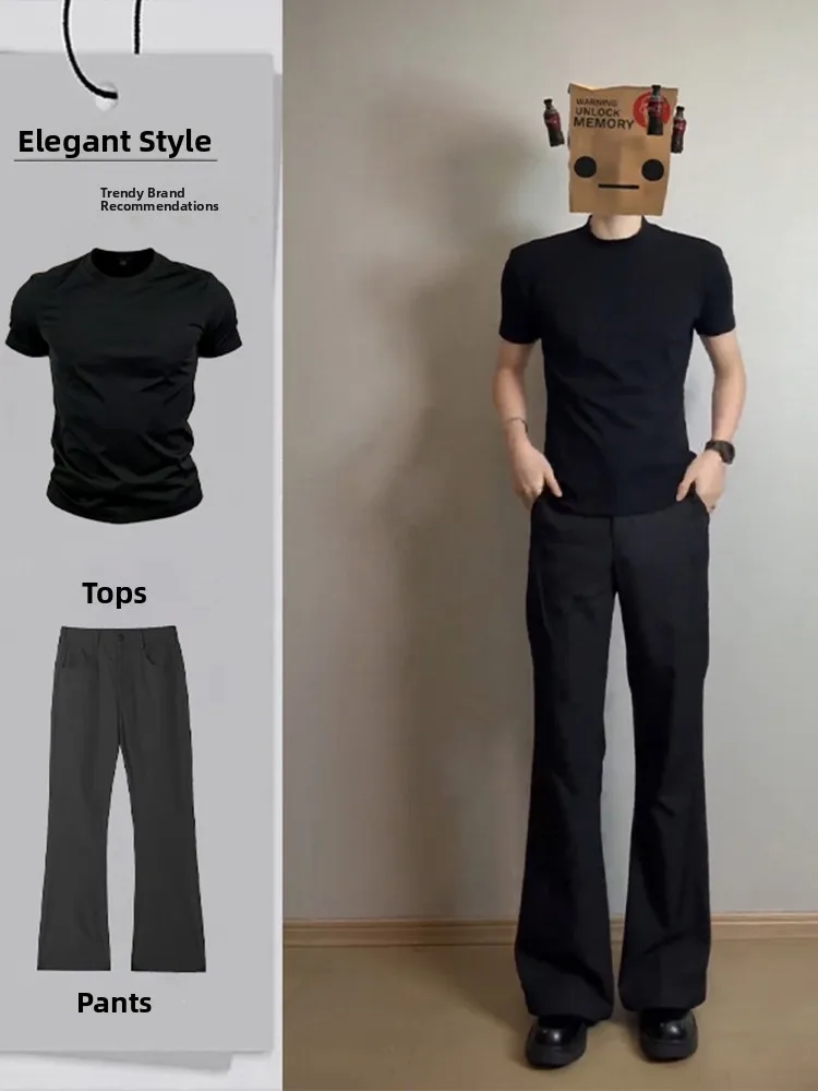 Men's Black T-Shirt And Drapey Pants Set Summer Fashion Quick Dry Short Sleeve Youthful Style Casual