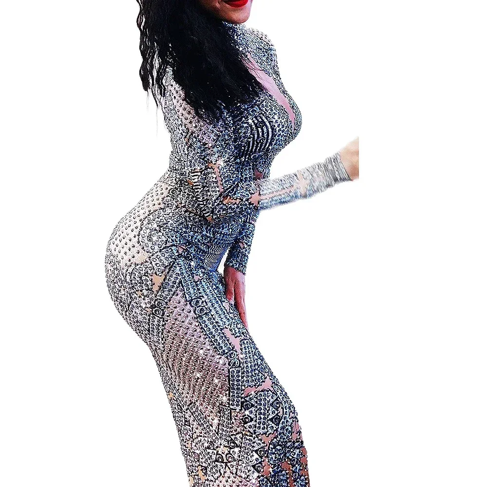 Diamonds Women Mesh Perspective Long Sleeve Slit Dresses