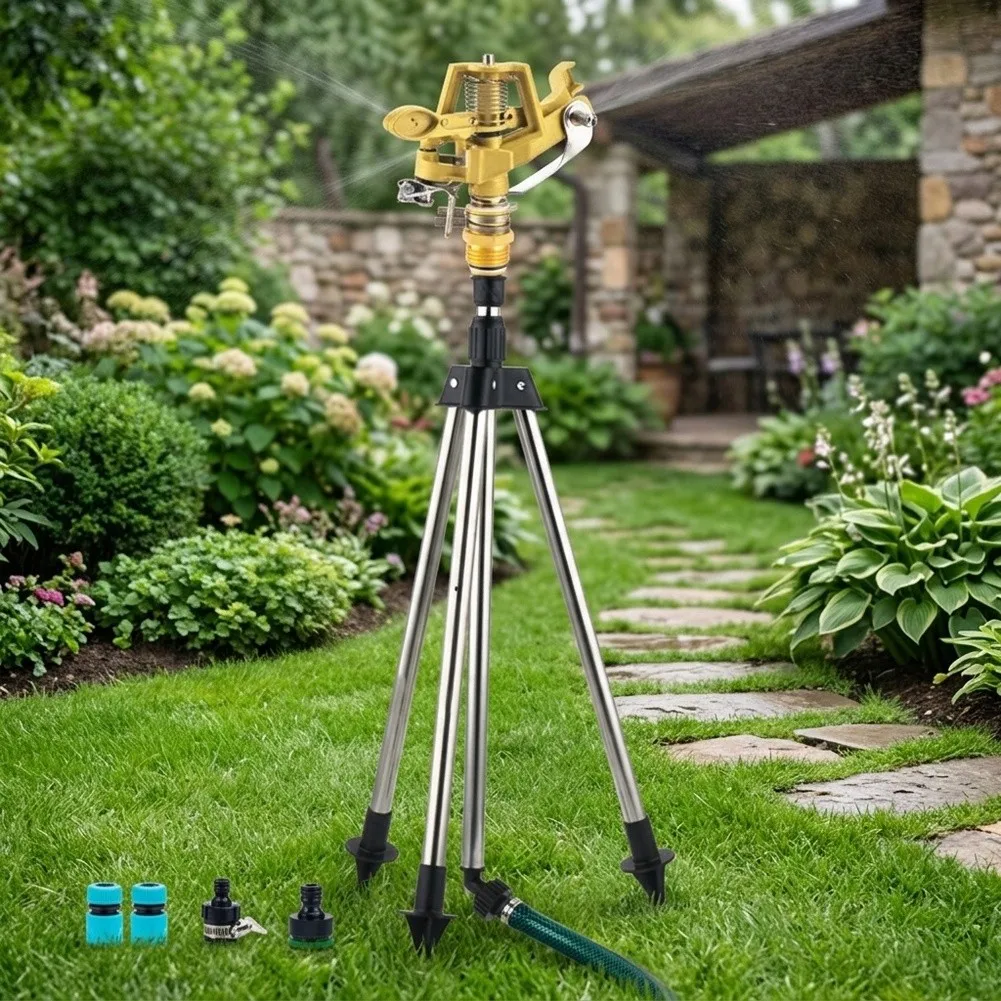 Metal Tripod Sprinkler with 360 Degree Rotation for Impact Sprinkler Lawn Irrigation with Adjustable Height and Spray Distance