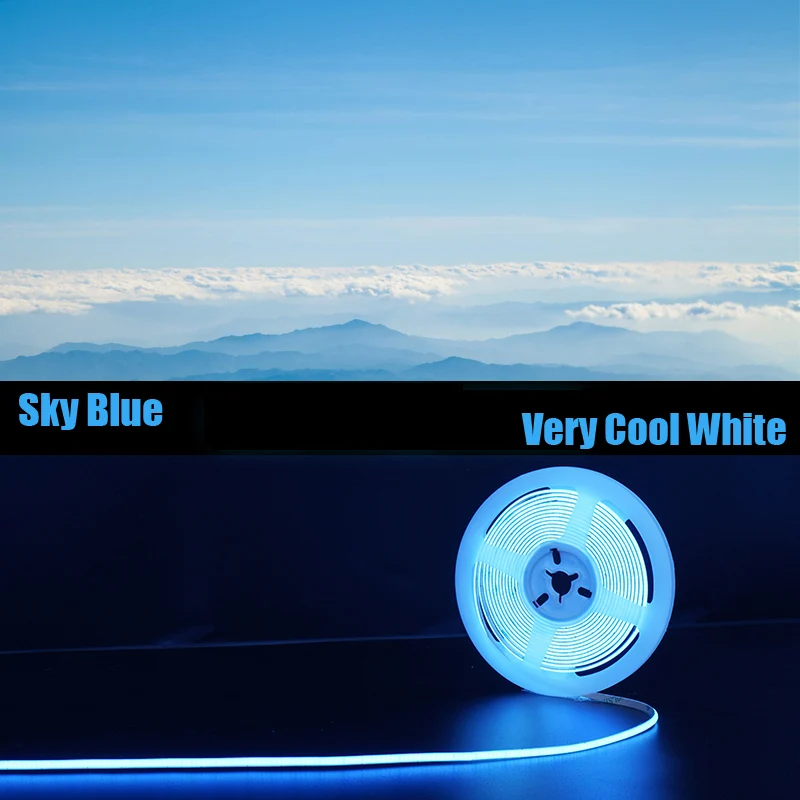 4mm Sky Blue Super Slim COB LED Strip Light 15000K 480led DC12V For Room Car FOB Decor Flexible Ribbon Linear Lighting Tape