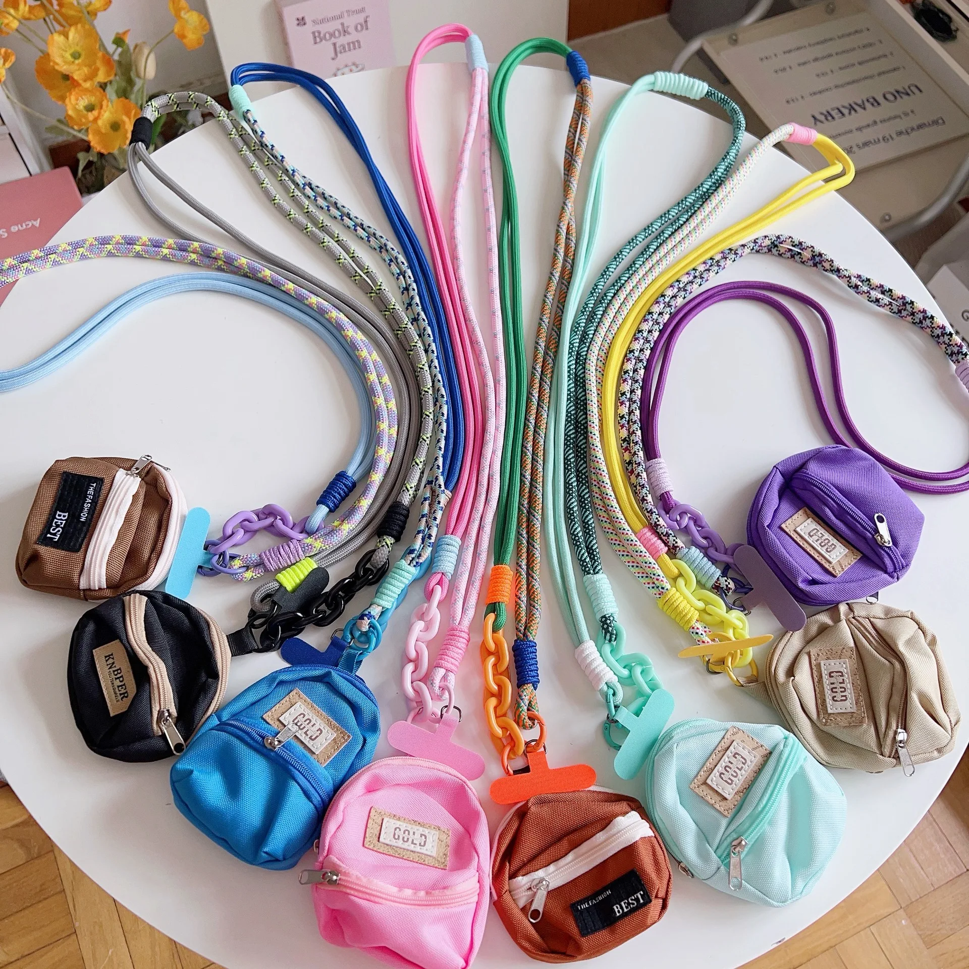 Adjustable Colorblock Crossbody Phone Lanyard Mini Zipper Pouch Multifunctional Neck Strap Earphone Storage Bag Outdoor Travel
