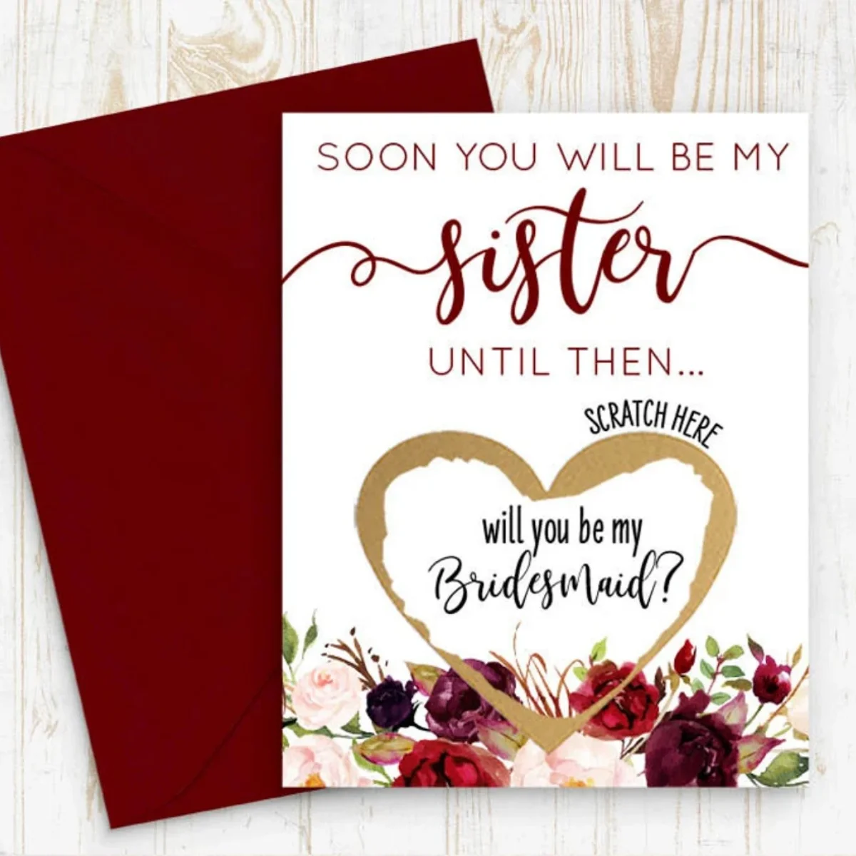 Pronto serás mi hermana, tarjeta rasca y gana para dama de honor, tarjeta de propuesta para dama de honor de boda para mi cuñada.