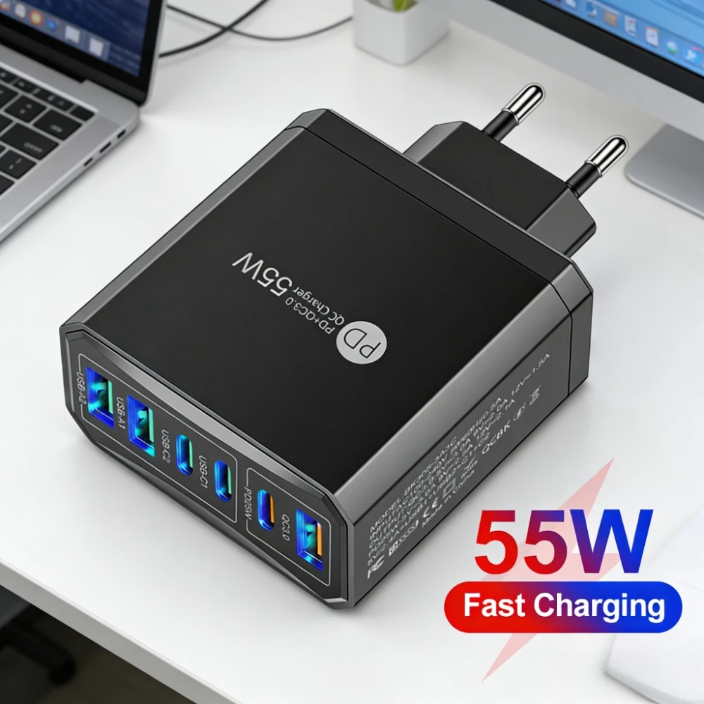6 in 1 55W USB C Fast Charger PD QC3.0 Multi Ports Quick Travel Wall Charger EU/US/UK/KR Plug For iPhone Xiaomi Samsung Huawei