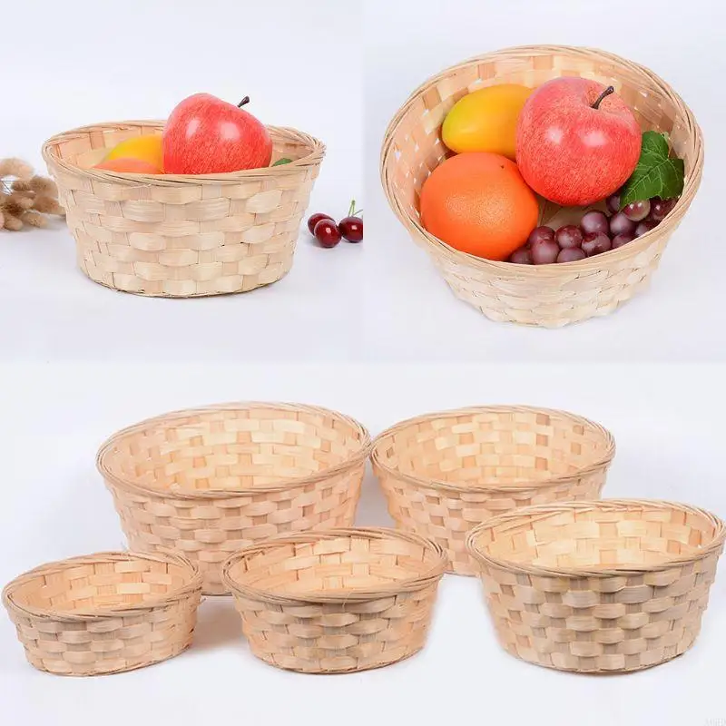 A6HD Practical Round Wicker Basket Hampers Woven Bamboo Fruit Bread Basket