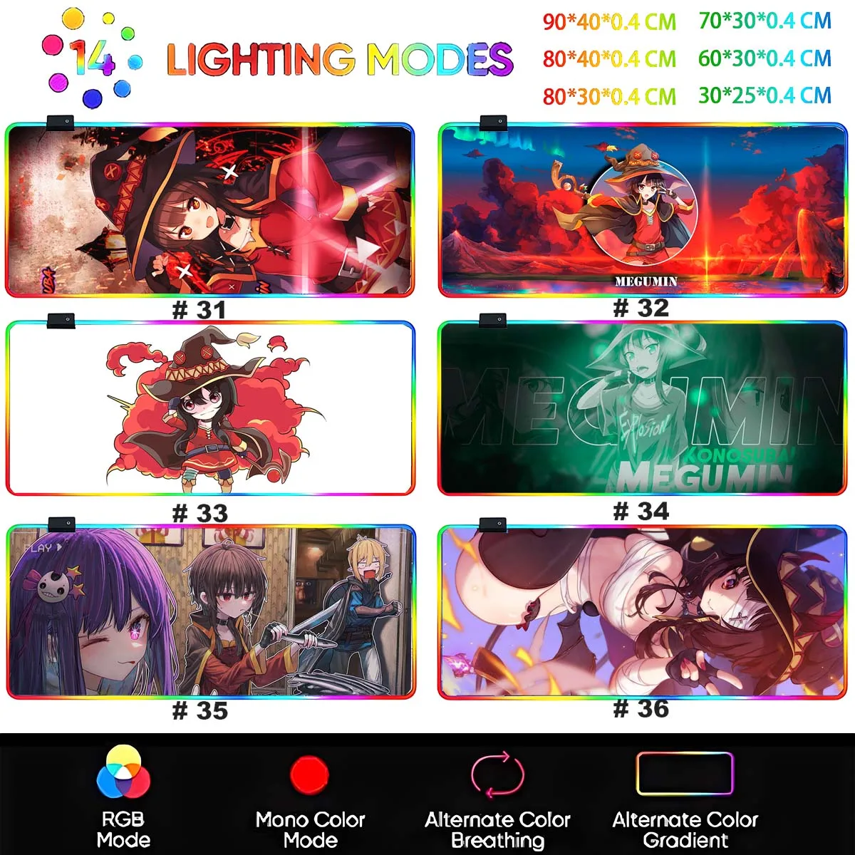 RGB Backlit Large Non-slip Mouse Pad Kono Suba - Megumin Anime Dec-24 New LED Oversized Mouse Pad Gaming Table Mat Desk Play Mat