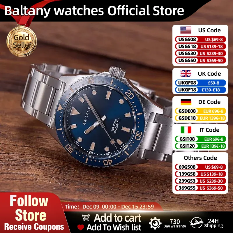 Baltany Design Dive Watches S3080 Sapphire Waterproof 200M Stainless Steel Bracelet NH38 Automatic Mechanical Sports  Diver Mens