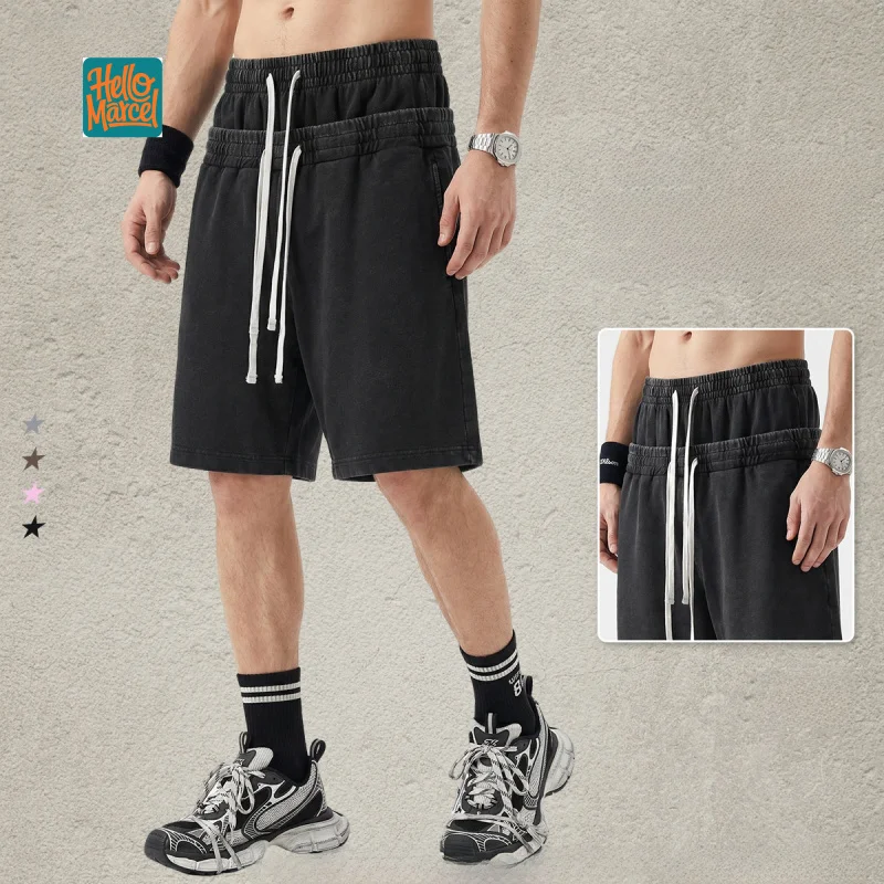 HELLOMARCEL Luxury Quality Double Waist Sweat Shorts European American 320g Heavyweight Distressed Snow-Washed Men Shorts