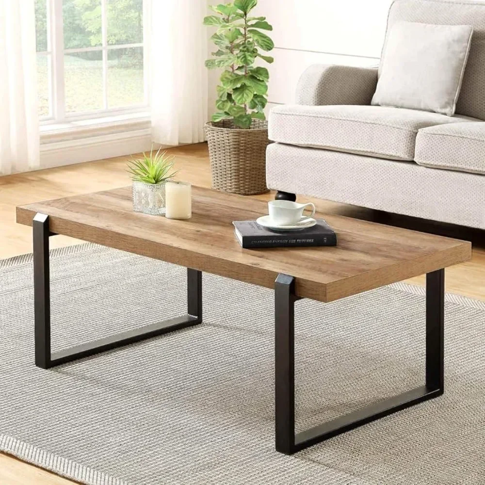 Wood and Metal Industrial Cocktail Table for Living Room Center Table，FOLUBAN 47 Inch Oak, Rustic Coffee Table