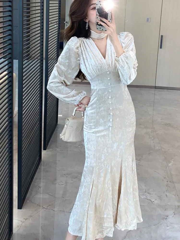 

Women Autumn Vintage Velvet Long Sleeve Mermaid Prom Dress French Style Elegant Slim Bodycon Evening Party Clothes Vestidos New
