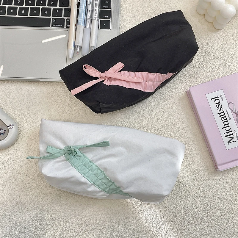 Trousse à crayons en tissu Simple Style Ins, sac de maquillage à nœud papillon, sac de rangement de grande capacité, pochette de papeterie, fournitures scolaires, cadeau pour filles
