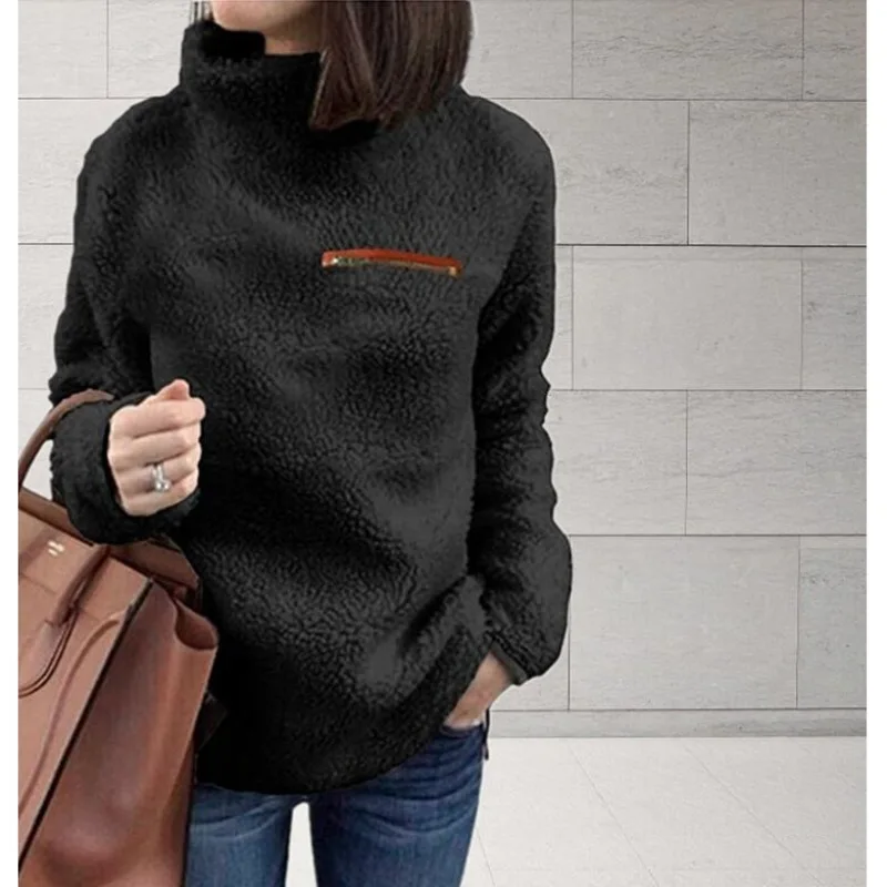 Women's Clothing Autumn Winter Pullover Tops Fashion Hot Sale New Fleece Solid Pullover Fashion Zipper High Neck Base Layer Top