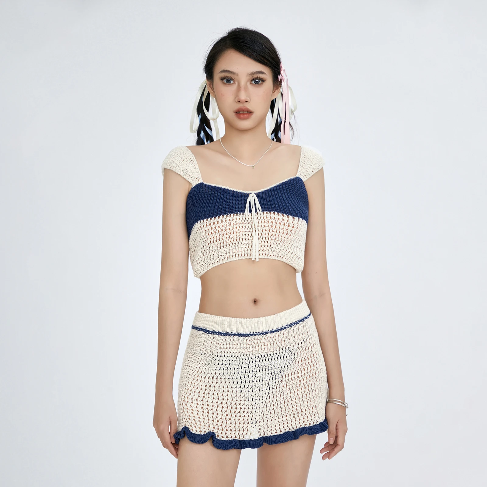 Women Two Piece Knit Sets Skirt Outfits Hollow Out Long Sleeve Crop Top Bodycon Summer Set Streetwear