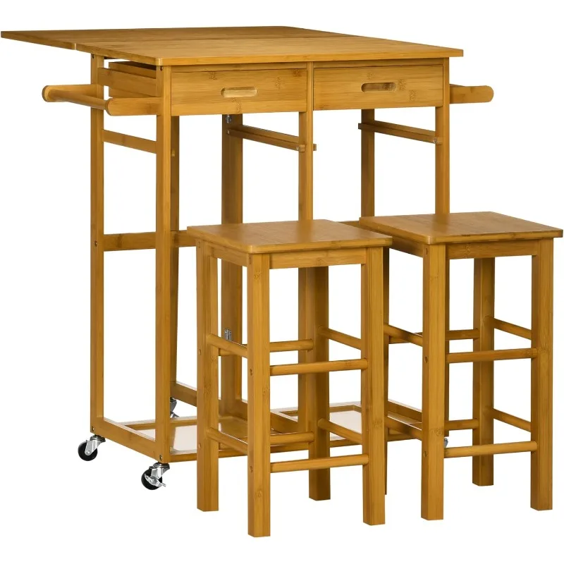 Foldable Dining Table Set with 2 Square Stools and 2 Drawers, Bamboo Drop Leaf Breakfast Cart, Mobile Kitchen