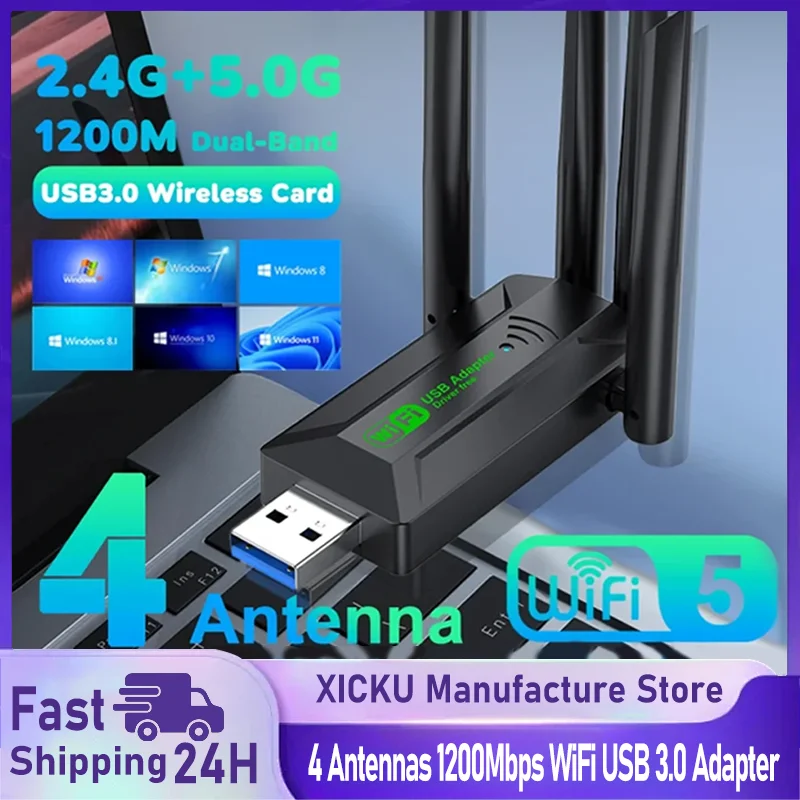 

Original 4 Antennas 1200Mbps WiFi USB 3.0 Adapter 2.4G/5GHZ Dual Band WiFi Dongle Wireless Network Card 802.11AX For Win 10/11