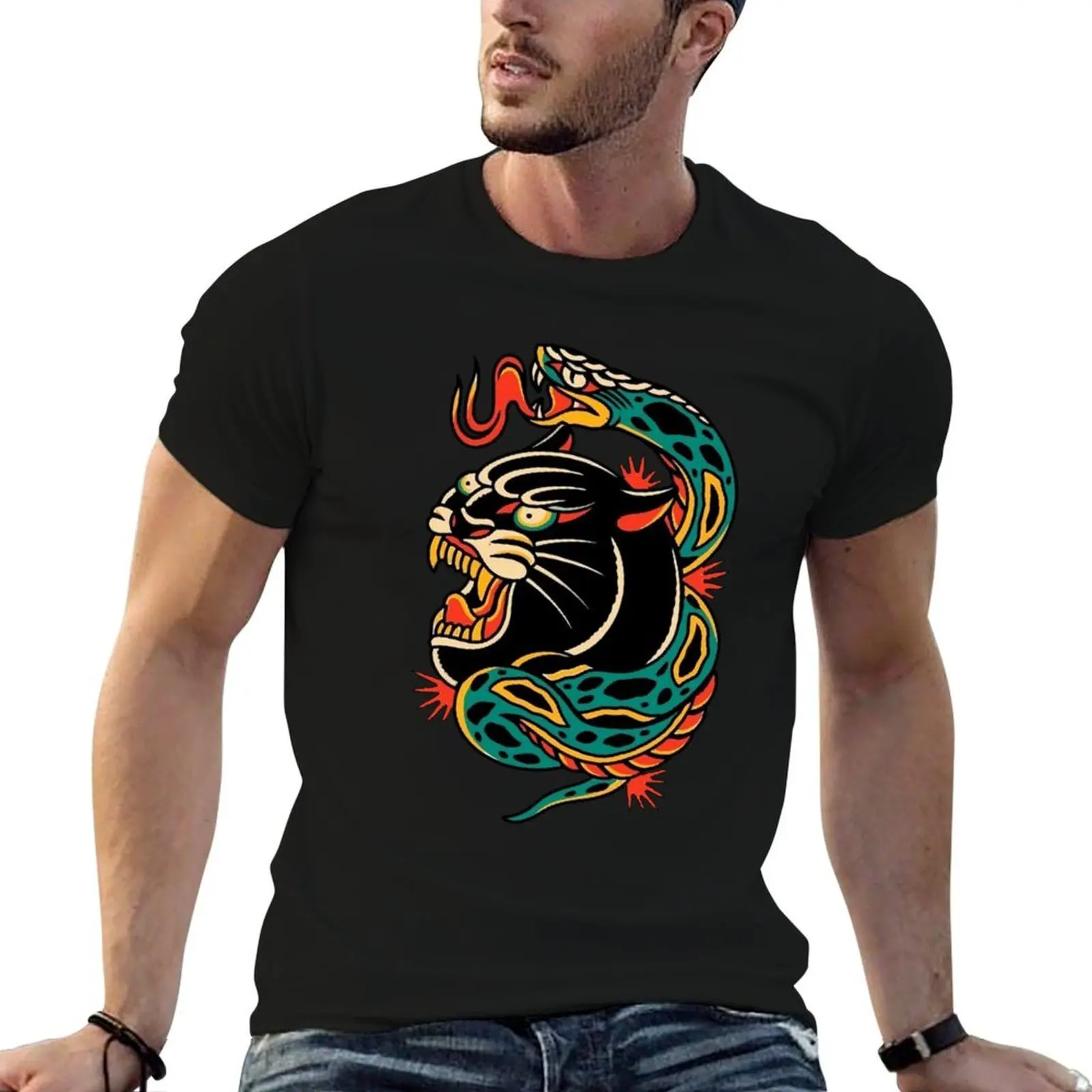 

Traditional Black Panther Fighting Snake Tattoo T-Shirt men t shirt cotton 100% t shirts for man graphic tees T-Shirt