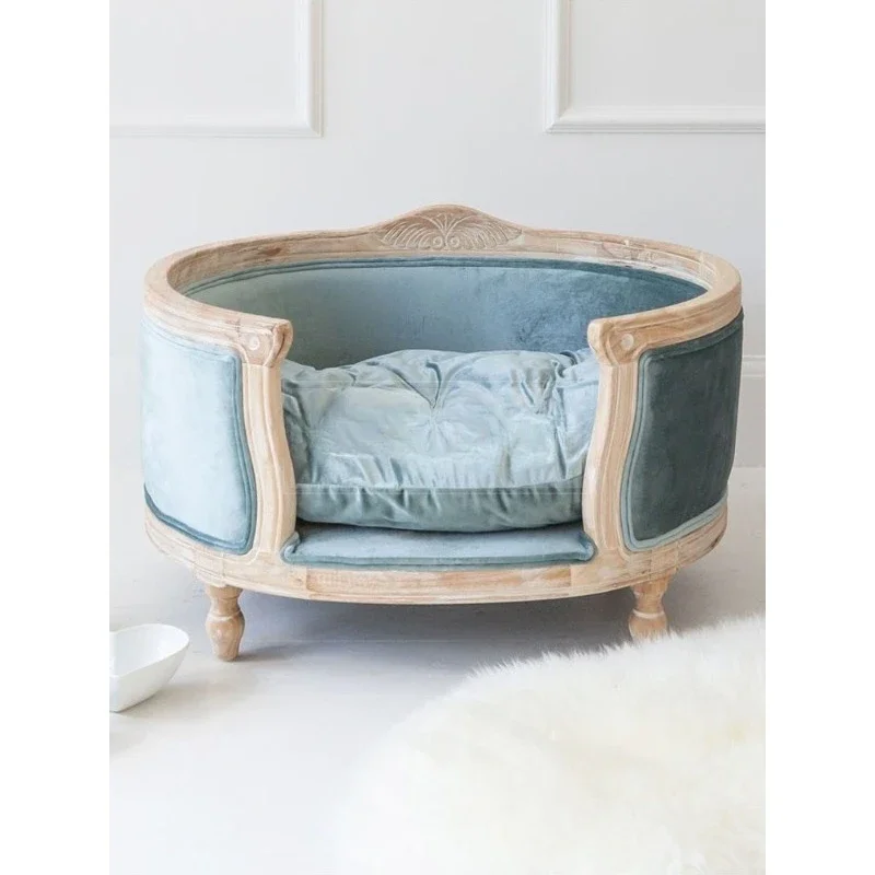 French retro weathered old solid wood sofa, carved studio sofa, single casual pet nest sofa