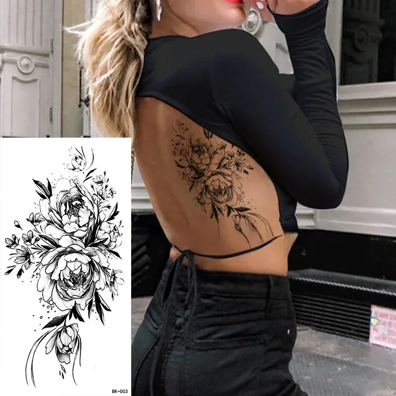 Black Flower Women Sexy Tattoo Sticker Women Dot Rose Peony Body Chest Art Temporary Tattoos Water Transfer Fake Tattoo Stickers