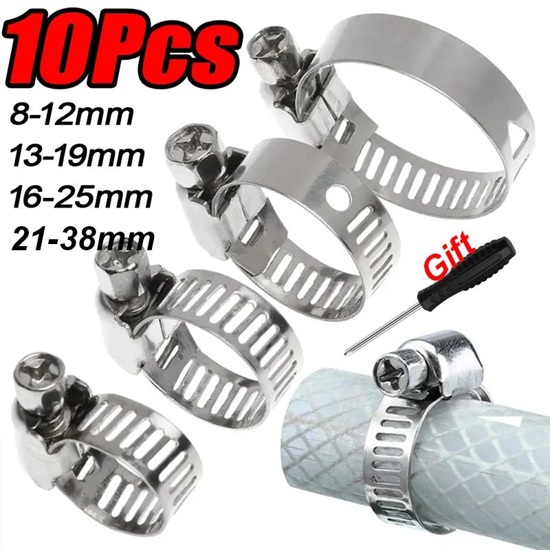 10Pcs Hose Clips Pipe Clamps Stainless Steel Hoop Clamp Hose 304 Stainless Steel Automotive Pipes Clip Fixed Tool 8-38mm Clips