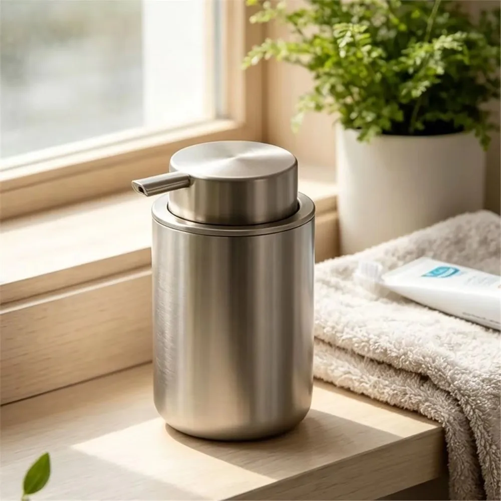 250ML Stainless Steel Soap Pump Refillable Easy To Press Lotion Dispenser Cylindrical Pump Bottle For Daily Use
