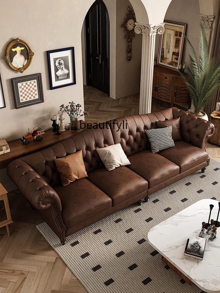 American Retro Leather Sofa First Layer Cowhide Straight Row Pull Buckle Brown Sofa Living Room