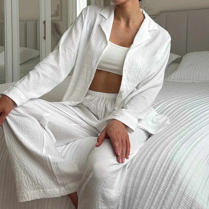 

Hiloc White Lapel Single-Breasted Semi-Sheer Tops Sets Woman Woven Floor-Length Pants Suits Loose Elegant Folds Pajamas Outfits