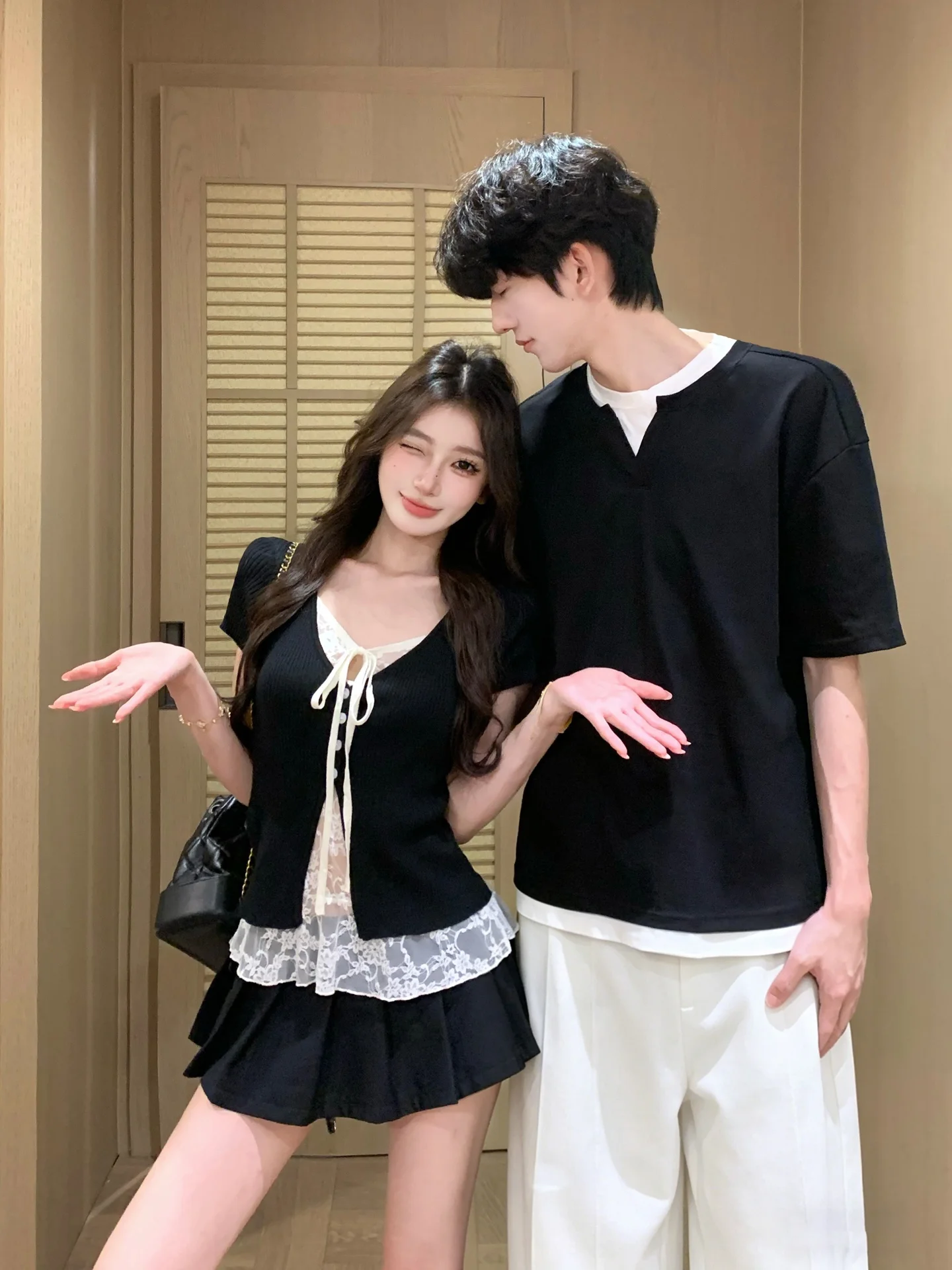 Couple's Lace Trim Short Sleeve T-Shirt V-Neck Slim Fit Summer Breathable Casual Fashion Men's Women's Top Separate Design
