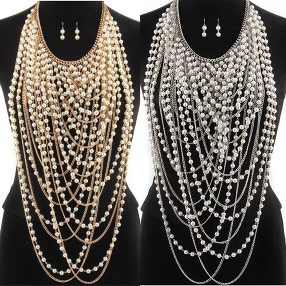 

Evening dress banquet with accessories multilayer tassel exaggerated body chain female silver plated gold plated pearl necklace