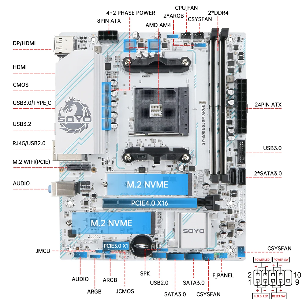SOYO AMD Dragon B550M Gaming Motherboard M-ATX AM4 Supports Ryzen 4000/5000 Series CPU Dual-channel DDR4 Demory PCIE4.0 M.2 NVME view 3