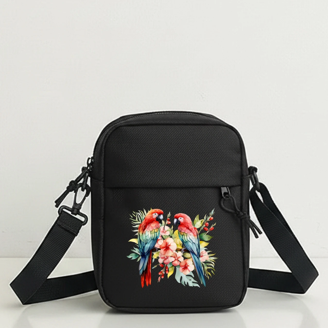 Vibrant Watercolor Parrot Floral Shoulder Bag Adjustable Strap Large Capacity Zip Handbag for Travel Work Gym School Women Men