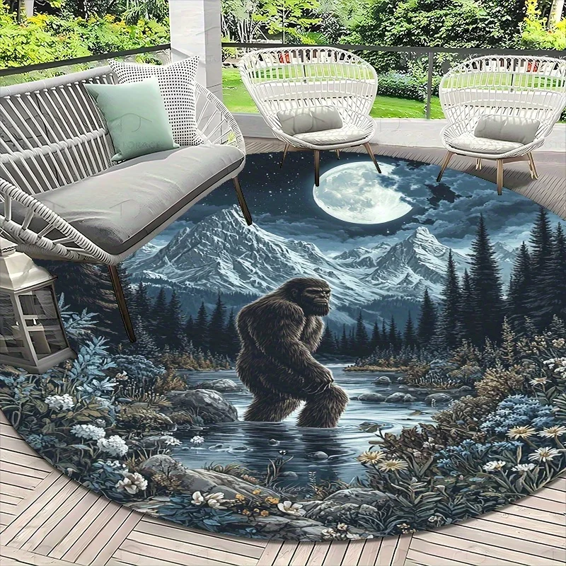 Bigfoot Moonlight Forest Rug Round Flannel Nature Wildlife Scene Floor Mat for Patio Deck Outdoor Indoor Adventure Lover Gift