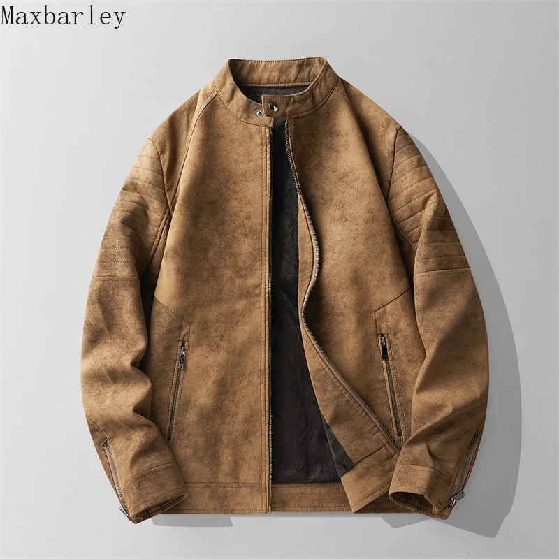 

New Imitation Leather Wool Jacket Men's Retro Motorcyclist Faux Soft Leather Thick Warm Jackets Winter Windproof PU Leather Coat