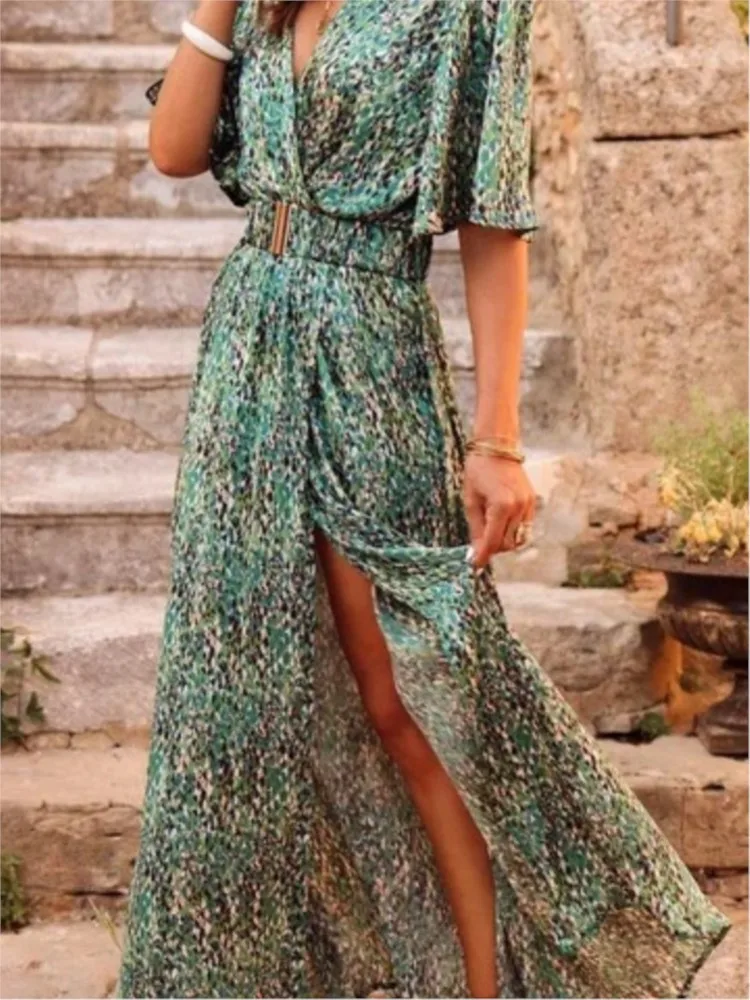 Spring Summer Women's New Dress With Fashionable Print Slimming Waist Cinching Mid Length Skirt Temperament Short Sleeved Dress