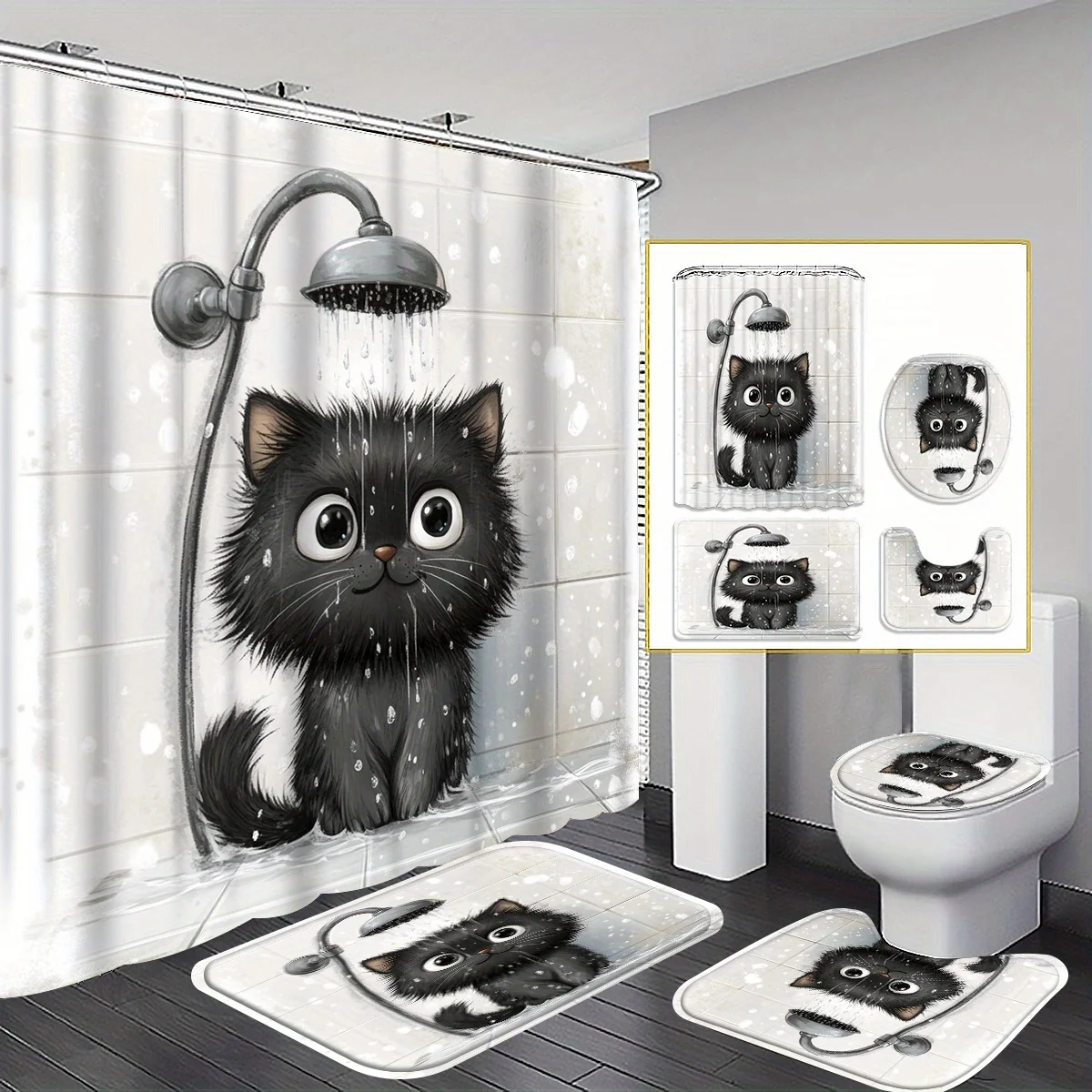 

Набор из 4 предметов, милый коврик для ванной с рисунком кошки, украшение для ванной комнаты, занавеска для душа, коврик для унитаза, коврик для ванной комнаты, U-образный коврик, полиэфирная ткань