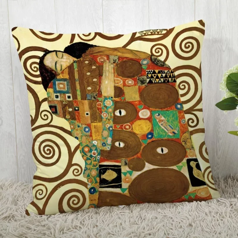 Gustav Klimt Art Pillowcase Home Sofa Office Cushion Satin Fabric Pillow Cushion Cover Size 40X40cm One Sides