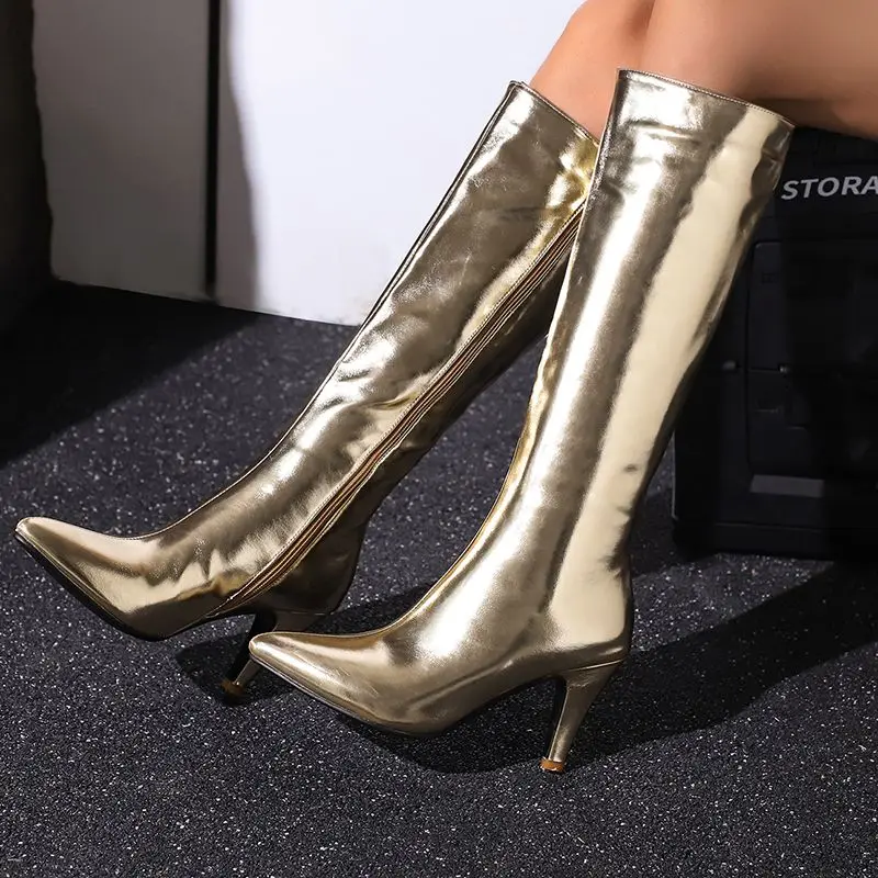 ORCHA LISA 2024 Fashion Knee High Boots Female Pointed Toe Thin Heels 8.5cm 46 47 Sexy Party Long Bota