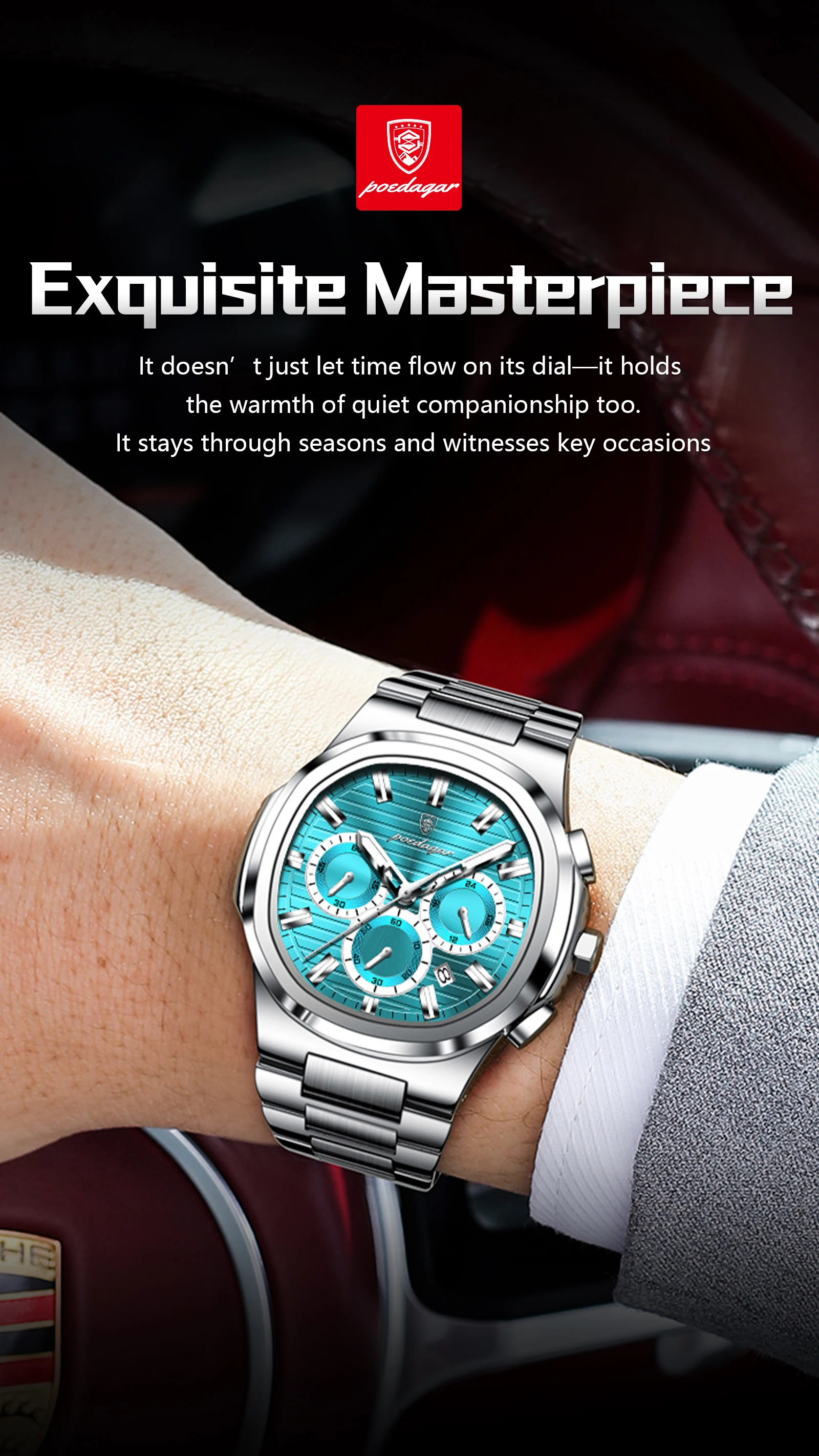 POEDAGAR Top Business Herrenuhr Leuchtend Wasserdicht Edelstahl Herren Armbanduhr Chronograph Datum Quarz Mode Herrenuhren – Detail 6