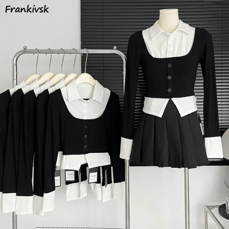 

Поддельные рубашки из 2 предметов для женщин, тонкие сексуальные топы со вставками для девочек, дизайнерские повседневные топы во французском стиле, осенние повседневные мягкие эстетические сорочки Femme