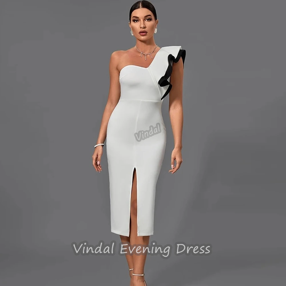 

Vindal One Shoulder Sexy Tea Length Ruffle Straight luxurious Breast padding Crepe Elegant Short Sleeves السعود For Woman 2024