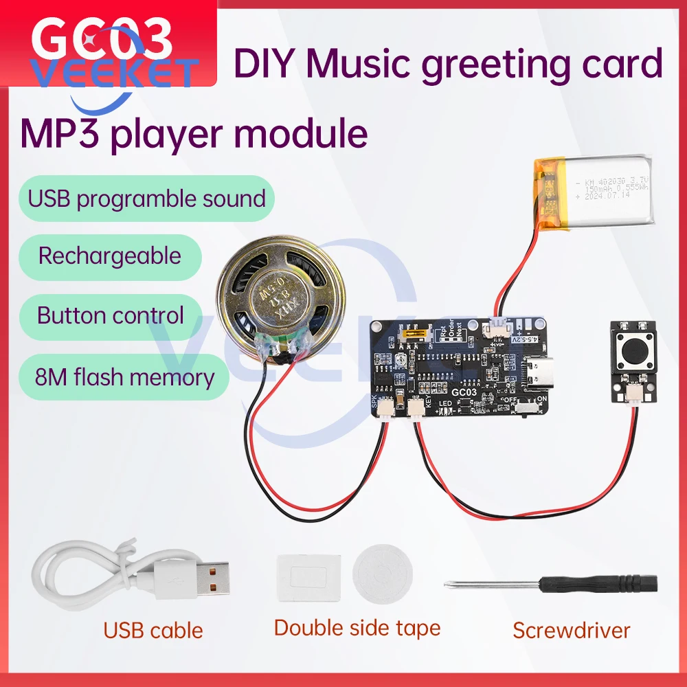 Recordable Sound Module 8M MP3 WAV Button Control Music Voice Player Programmable Board with Speaker for DIY Greeting Card Gift