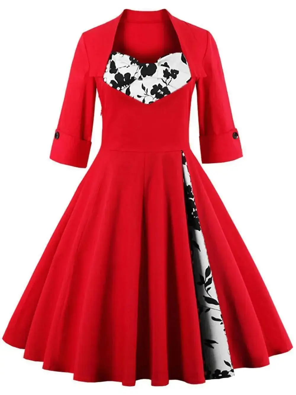 Rotes Damenkleid im Vintage-Stil mit floral bedrucktem Oberteil und 3/4-Ärmeln, Retro-Farbblock-Partykleid mit Knopf-Cuff FS0954