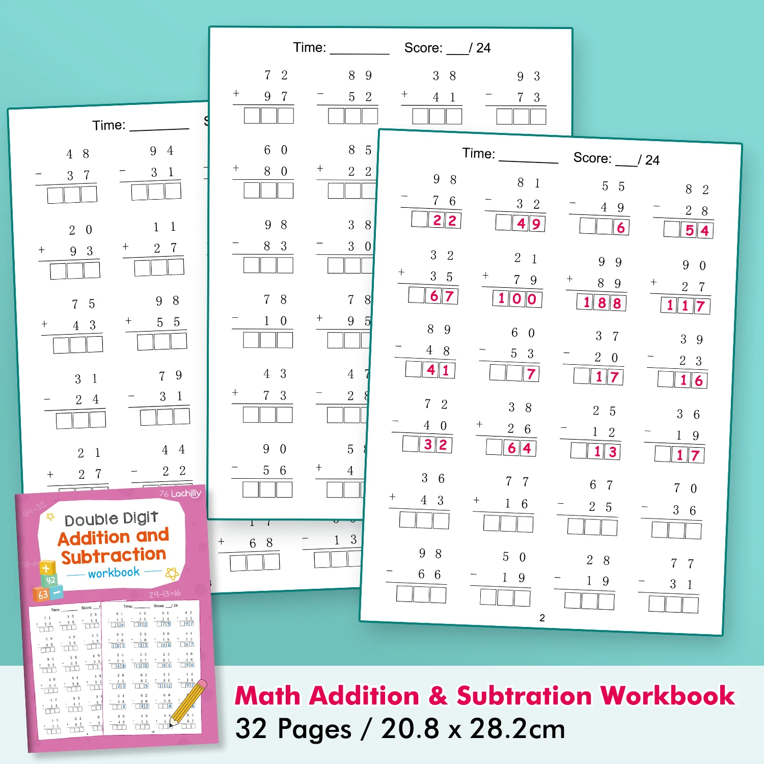 32 Pages Double Digit Addition & Subtraction Math Workbook for Kids Vertical Arithmetic Mathematical Practice Book Teaching Aids