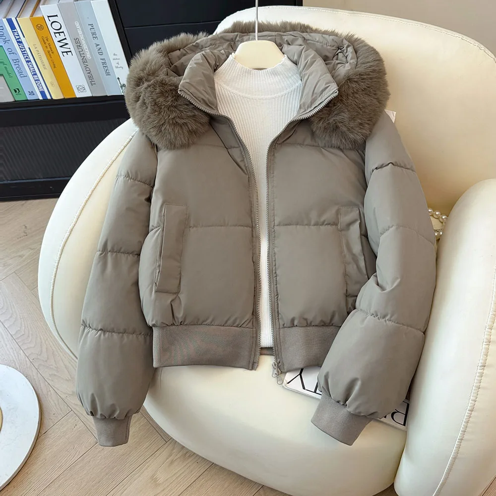 New Women Short Puffer Jacket With Fluffy Faux Fur Hood Warm Zip Winter Coat Casual Loose Outerwear For Ladies Daily Wear