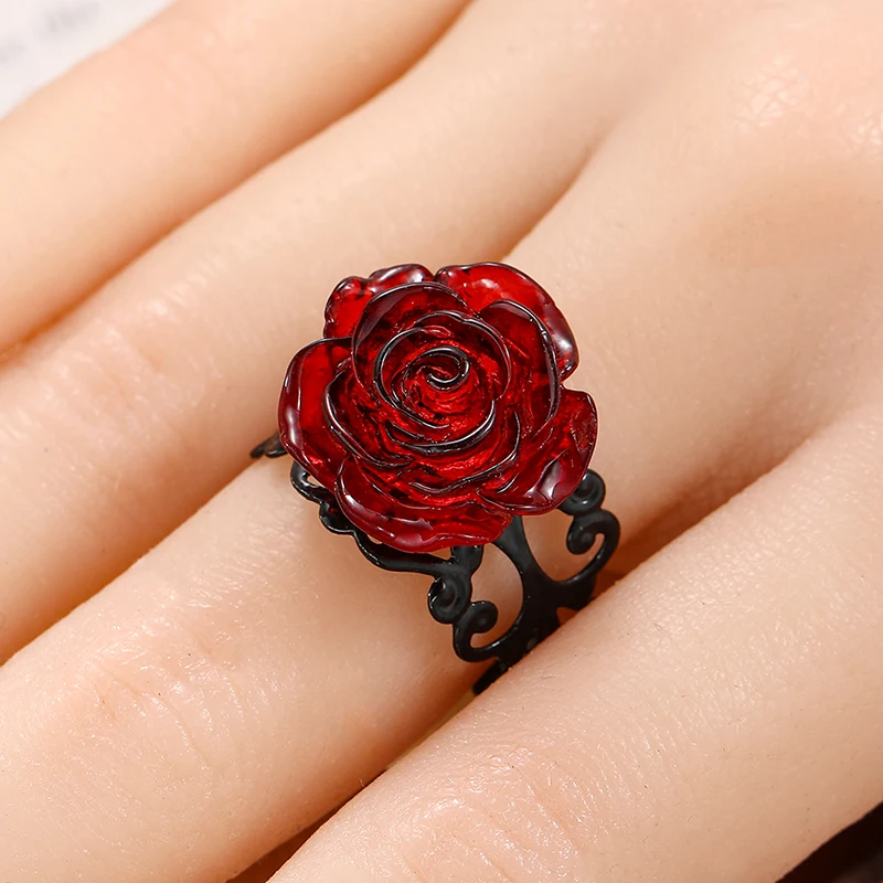 Punk Gothic Red Rose Ring Adjustable Hollow Rings for Women Witch Pagan Vintage Creative Halloween Cool Girl Gift Party Jewelry image 3