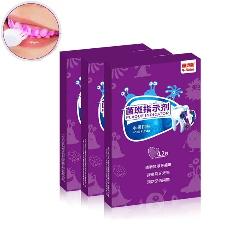 Y-Kelin Dental Disclosing Plaque Tabletten Detectiemiddel Paars voor volwassen kinderen Tandenpoetsen (12/36/60 tabs) en 1/3/5 dozen