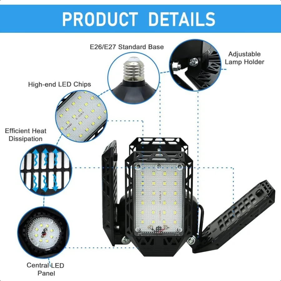 Luz led para garagem, luzes de teto deformáveis para garagem, 150w, 15000lm, 4 painéis ajustáveis, e26, e27, luzes de loja para porão, celeiro, funciona